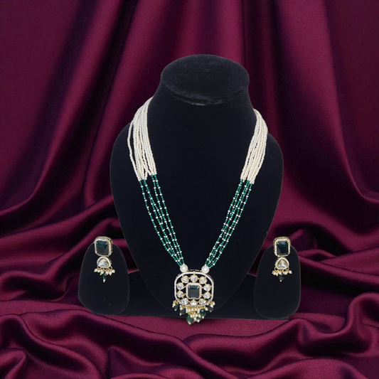 Green Beaded Pearl Kundan Long Necklace Set with Earrings
