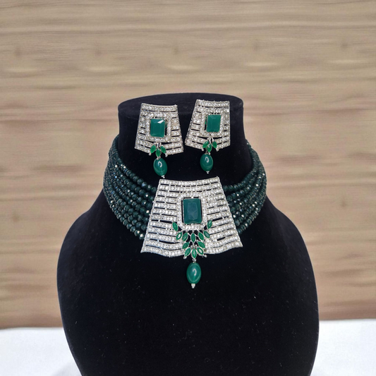 Green Beaded Diamond Choker Necklace Set with Earrings