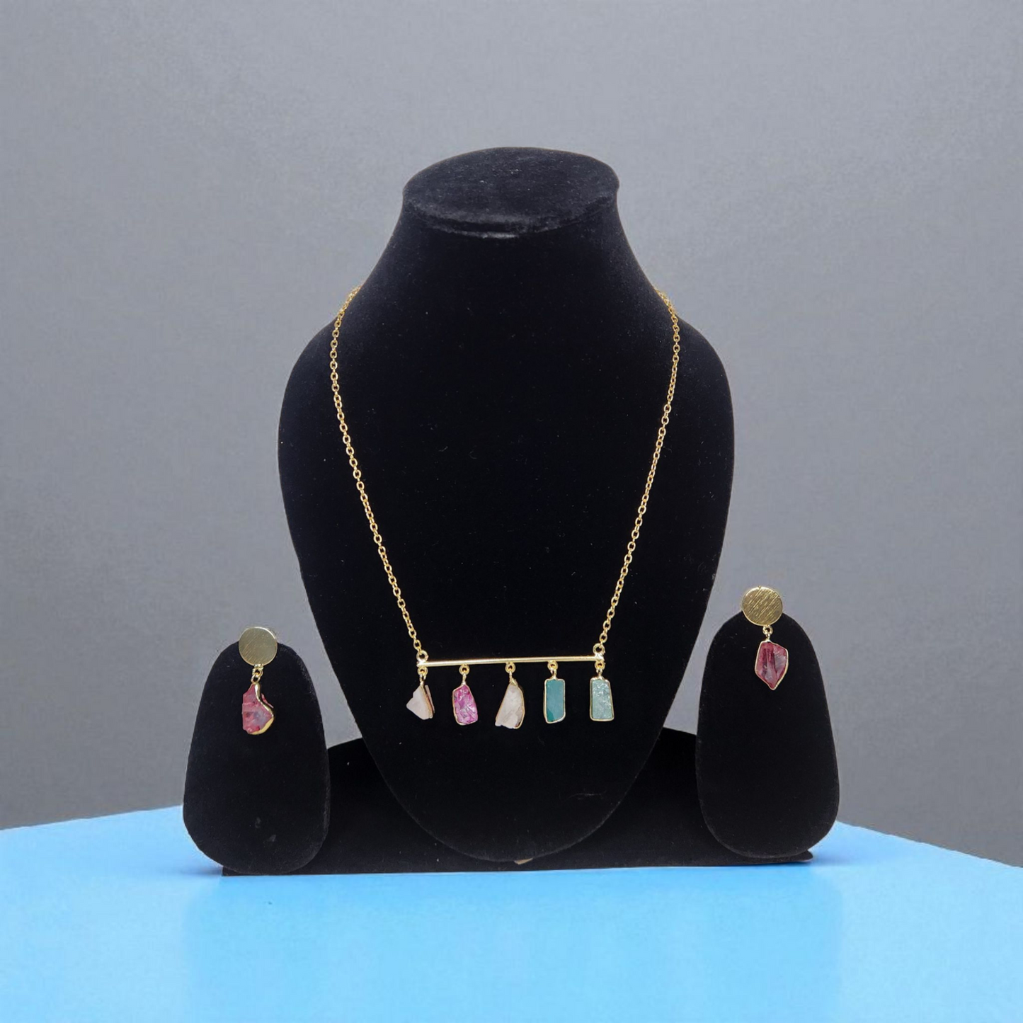 Multi-Color Stone Bar Necklace Set – Minimal Gold Chain with Earrings