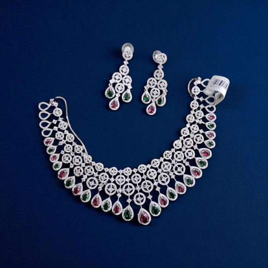 Dual-Tone white silver finish Teardrop  Ad diamond Necklace Set – Green & Pink Stone with Earrings