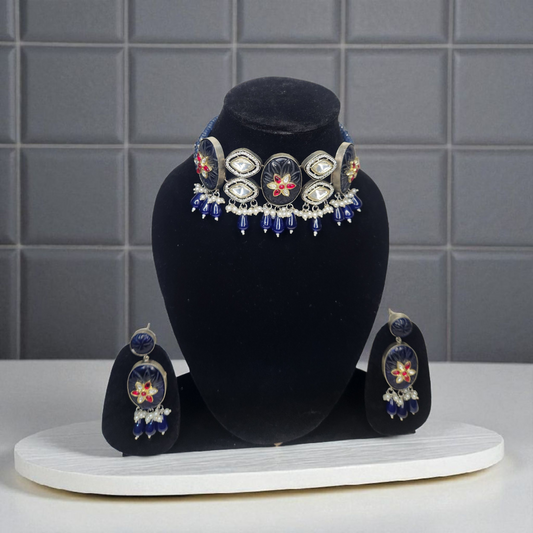 Blue & Red stone tanjore AD  Floral Kundan Choker Necklace Set – With Matching Earrings