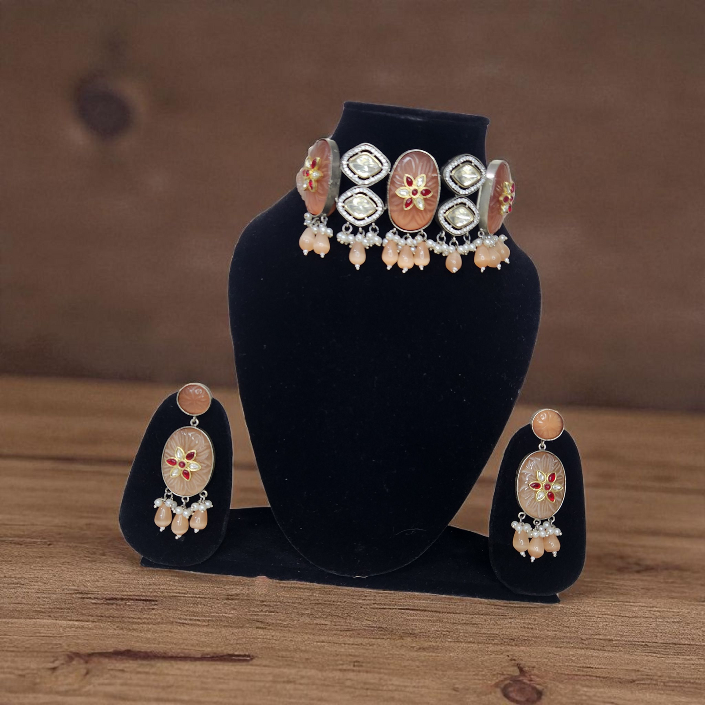 Peach Floral Kundan stone tanjore AD Choker Necklace Set – With Matching Earrings