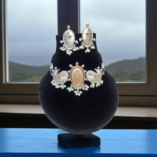 Oxidised Peacock peach stone Motif Necklace Set – With Matching Earrings