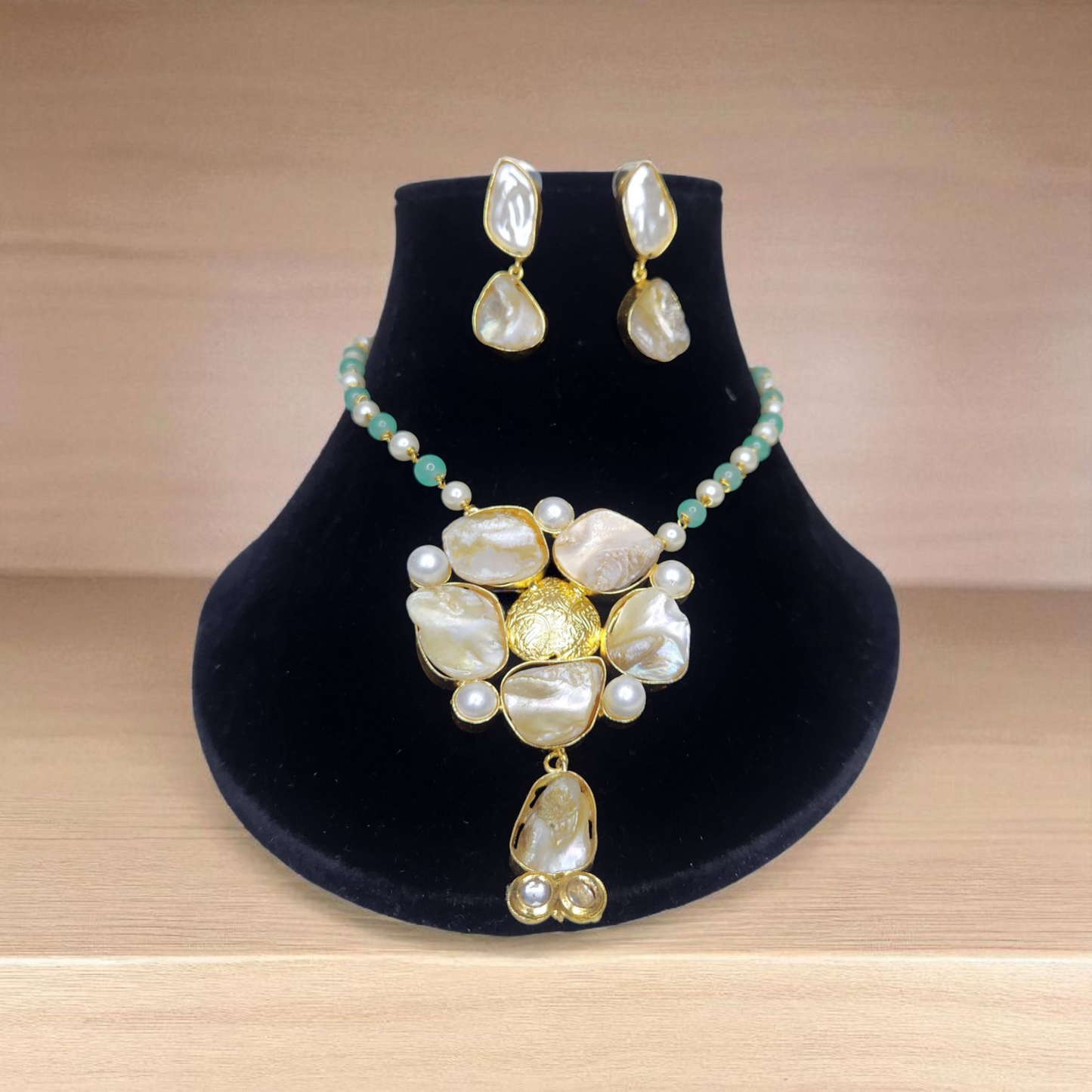 Golden uncut mother of pearl stone aqua green Floral Pendant Necklace Set – With Earrings