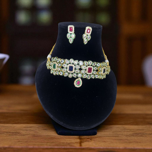 Regal Kundan Choker Necklace Set – Ruby, Emerald & Polki Design