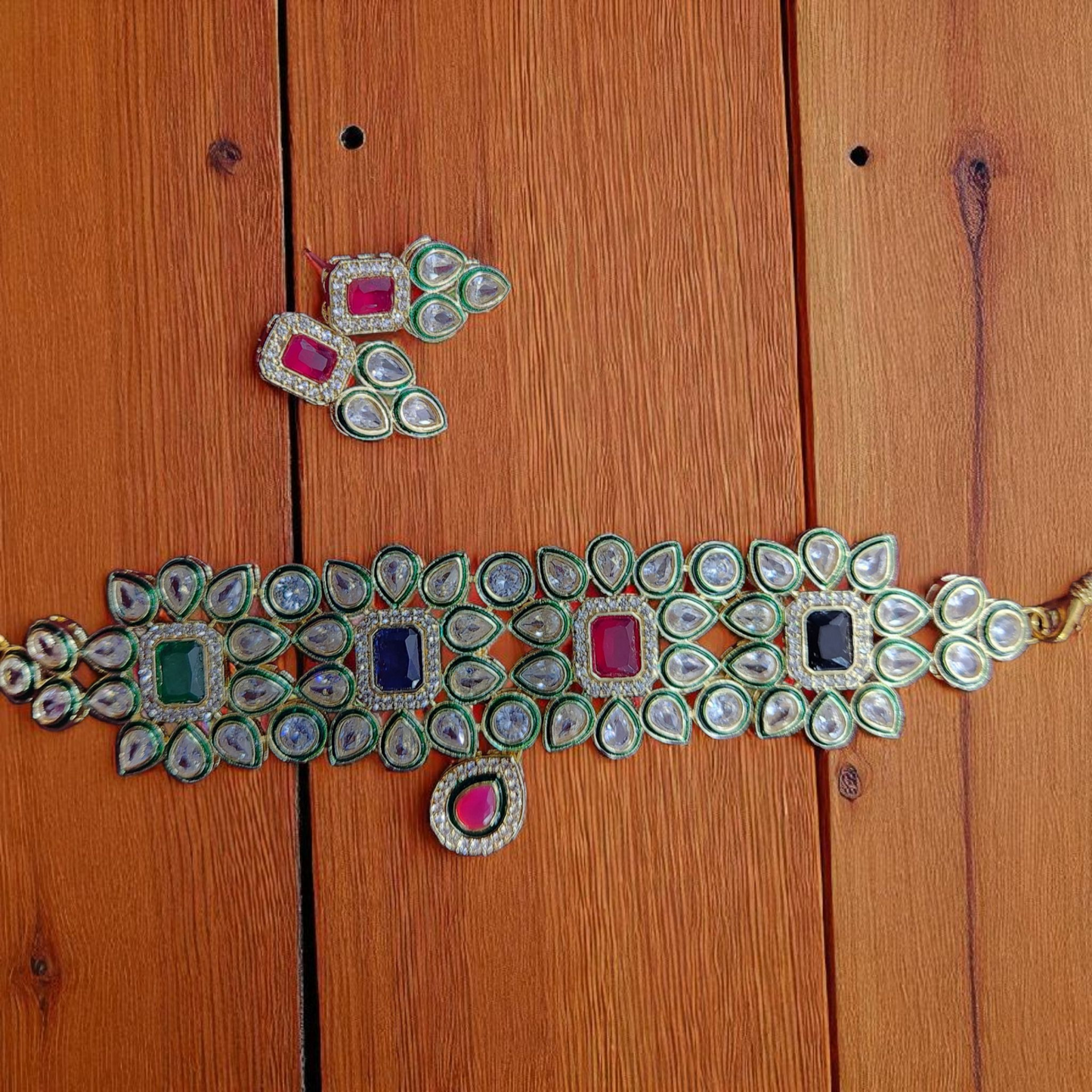 Regal Kundan Choker Necklace Set – Ruby, Emerald & Polki Design