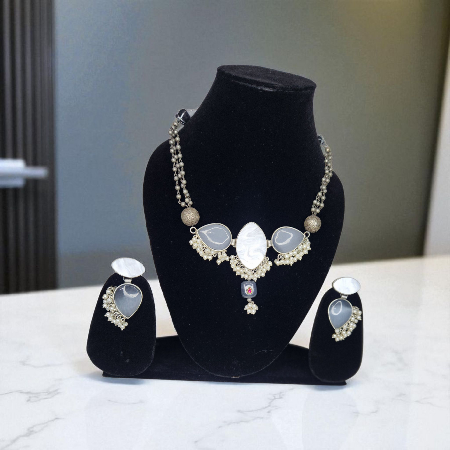 Moon White grey Stone Pearl Drop Necklace Set – Elegant Party & Wedding Jewellary