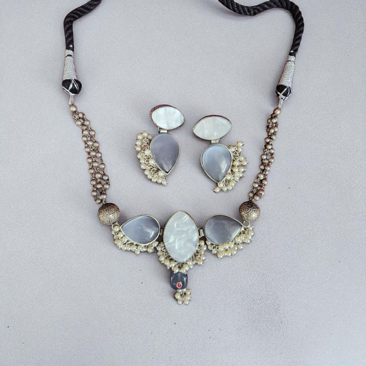 Moon White grey Stone Pearl Drop Necklace Set – Elegant Party & Wedding Jewellary