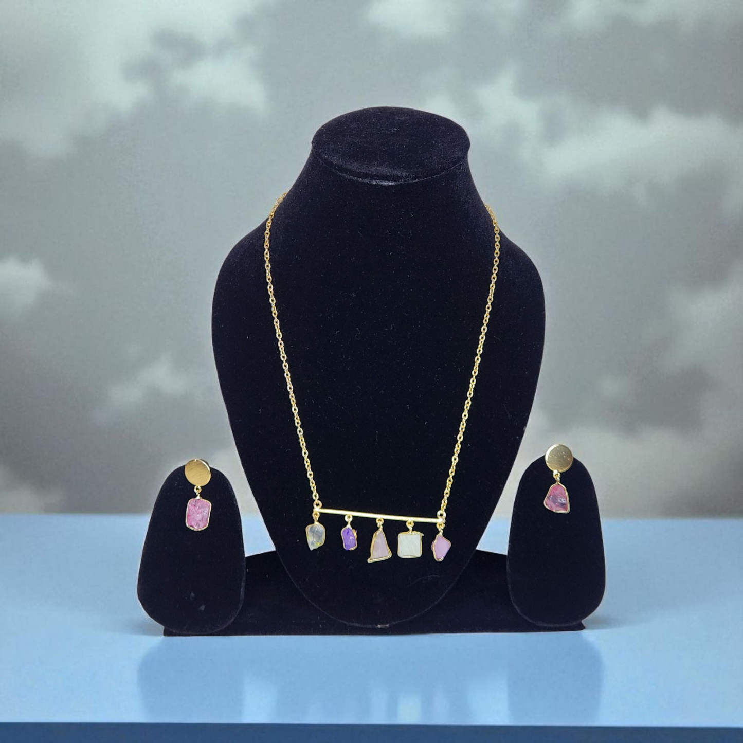 Elegant Raw Stone Necklace & Earring Set – Golden Chain with Multi-Gem Charms