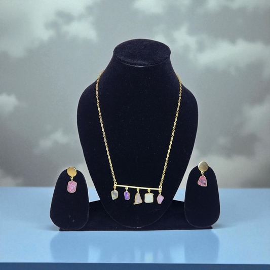 Elegant Raw Stone Necklace & Earring Set – Golden Chain with Multi-Gem Charms