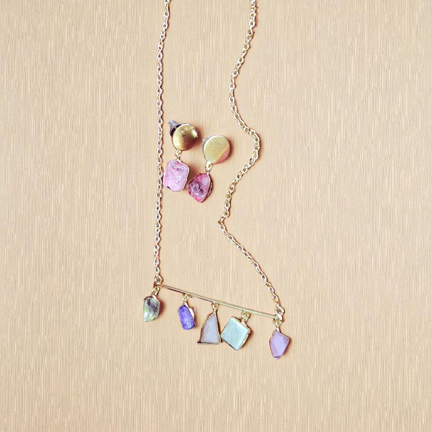 Elegant Raw Stone Necklace & Earring Set – Golden Chain with Multi-Gem Charms