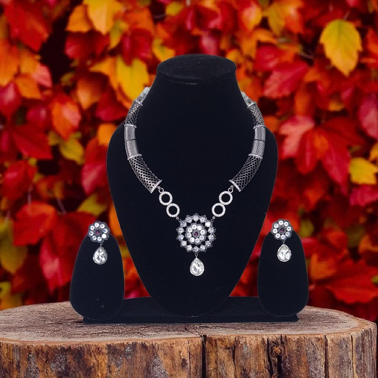 Oxidised Lotus Motif Necklace Set – Tribal Statement Jewellary