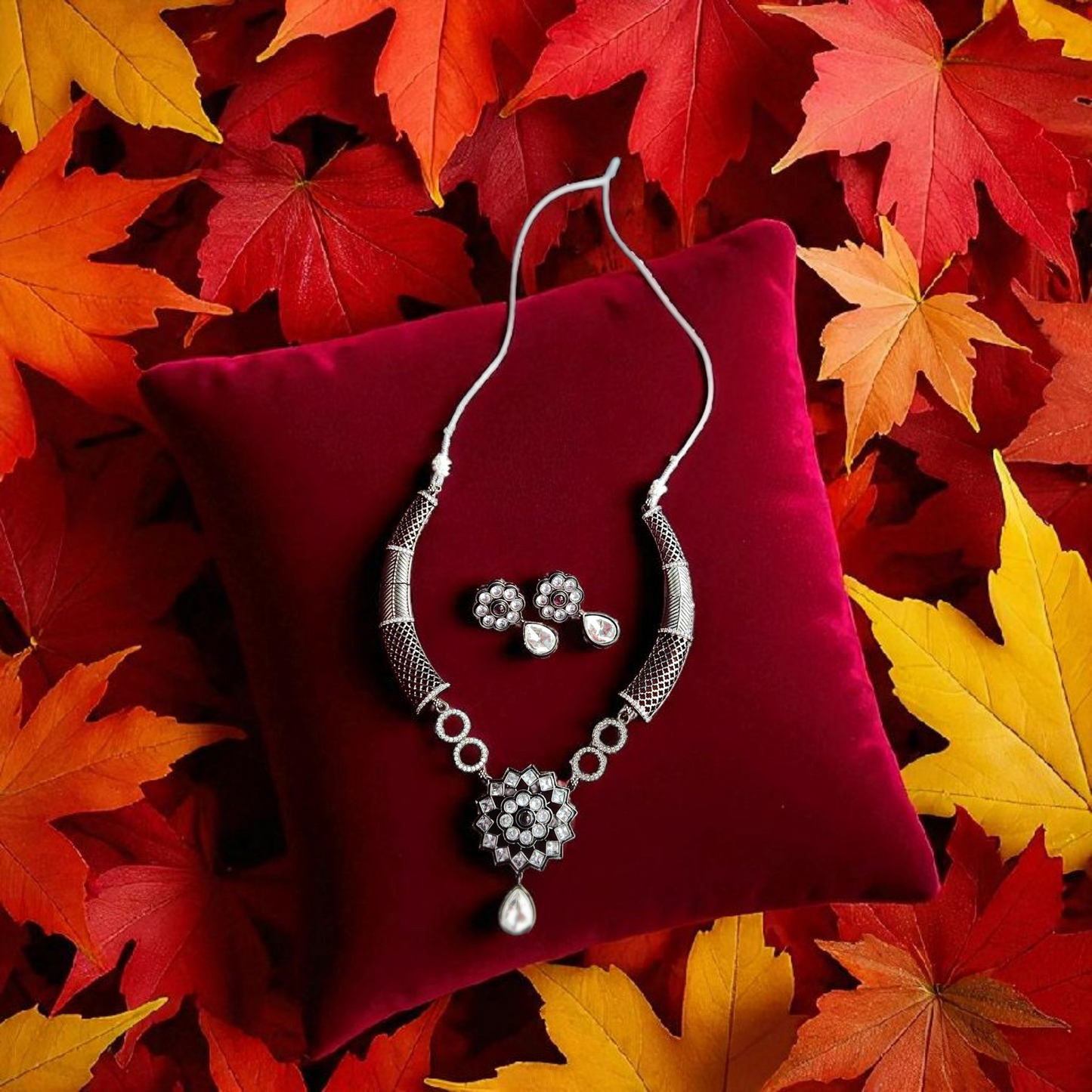 Oxidised Lotus Motif Necklace Set – Tribal Statement Jewellary