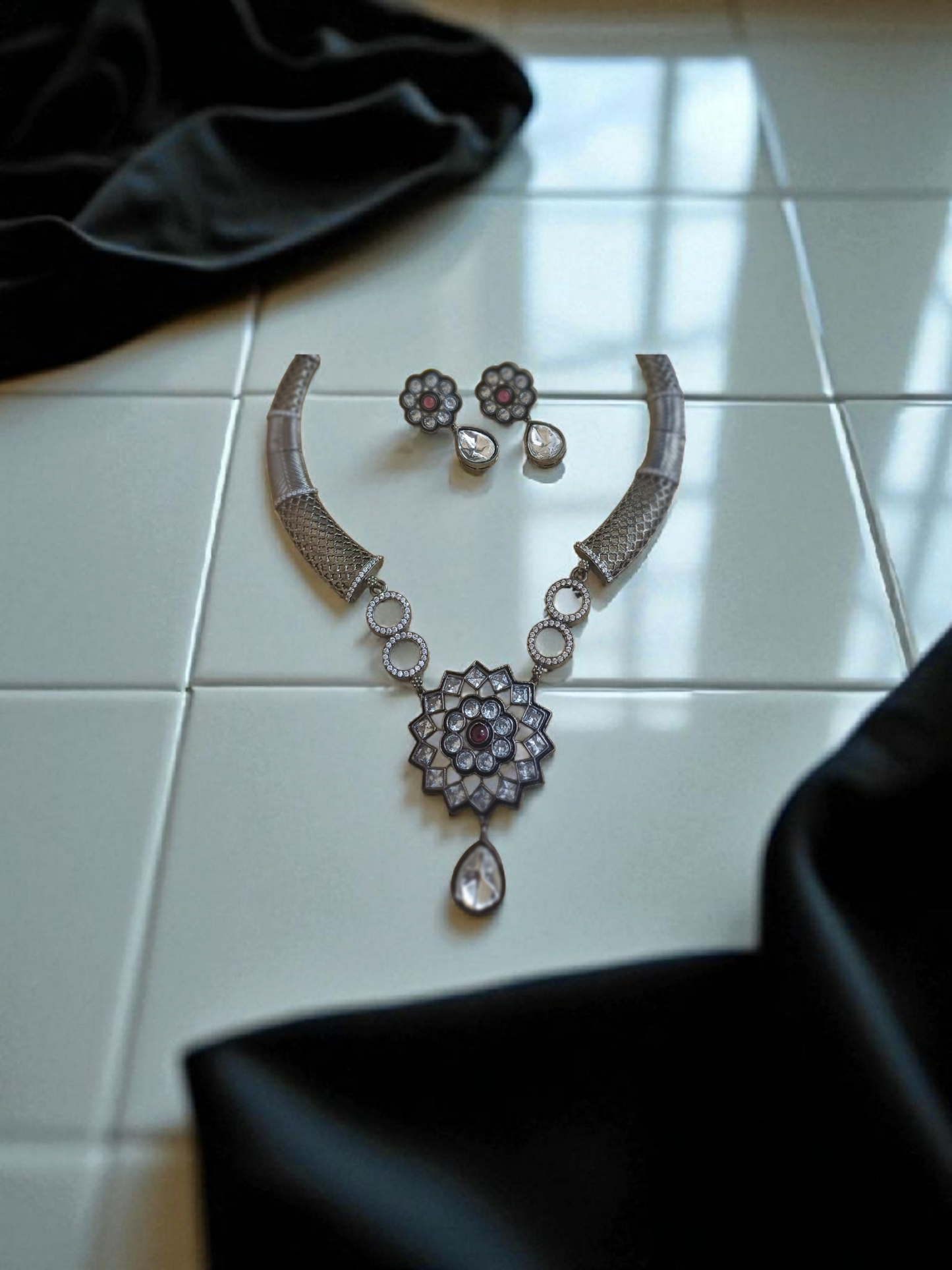 Oxidised Lotus Motif Necklace Set – Tribal Statement Jewellary