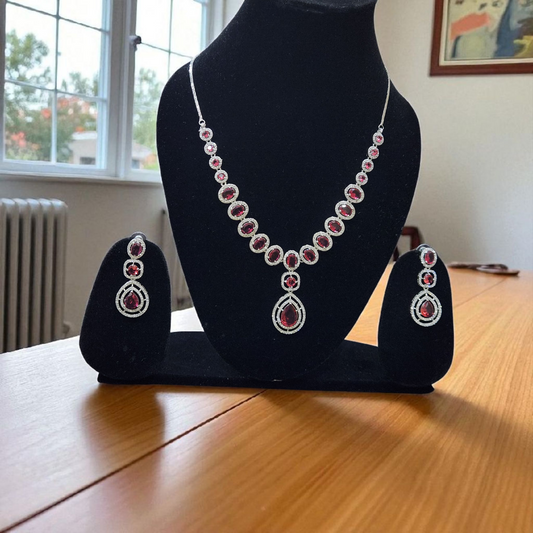 American diamond Ruby Red Stone Necklace Set – Elegant Bridal & Party Jewellary