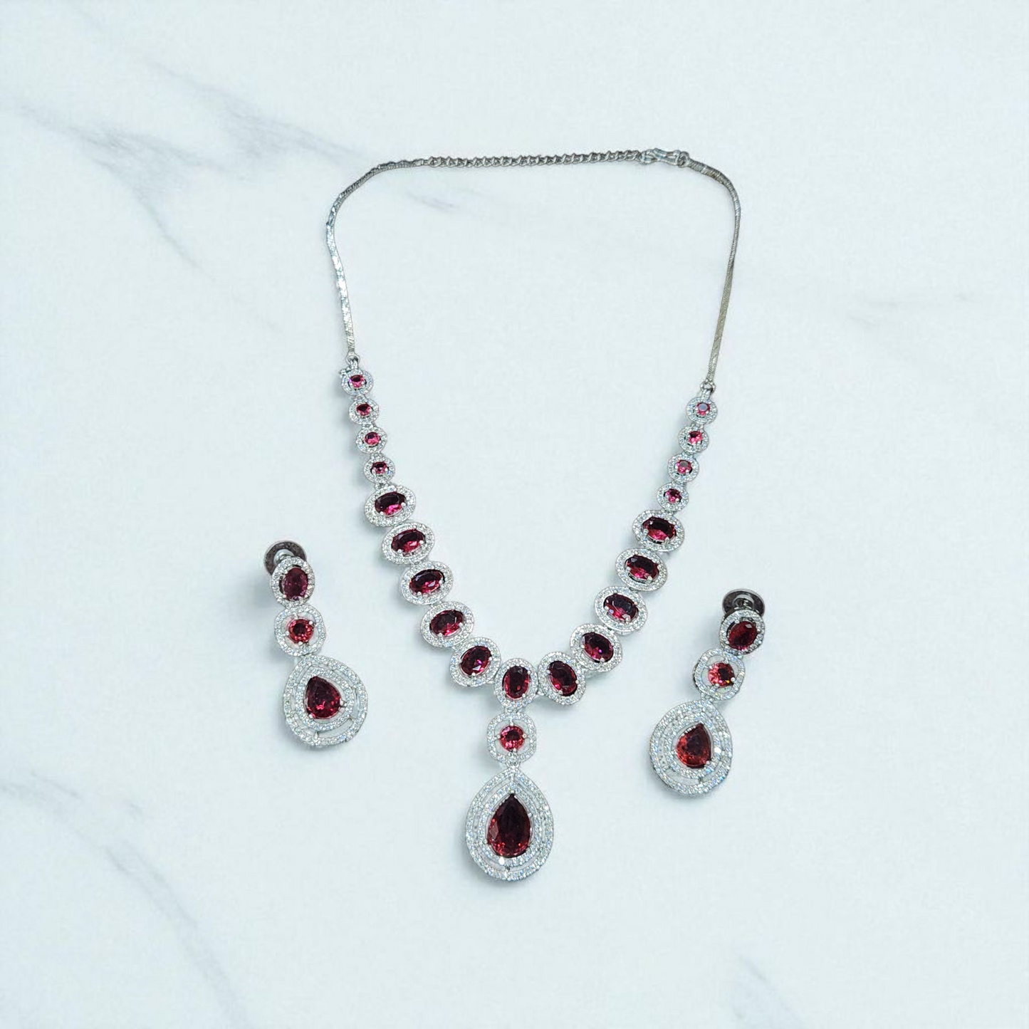 American diamond Ruby Red Stone Necklace Set – Elegant Bridal & Party Jewellary