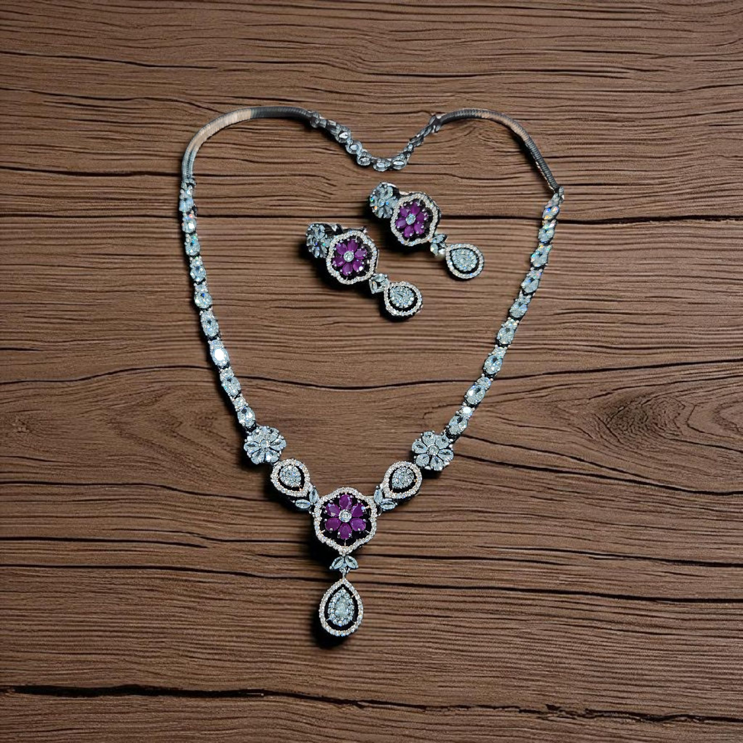 AD Purple ruby Stone antique victorian silver polish Necklace Set – Elegant Wedding & Party Jewellary