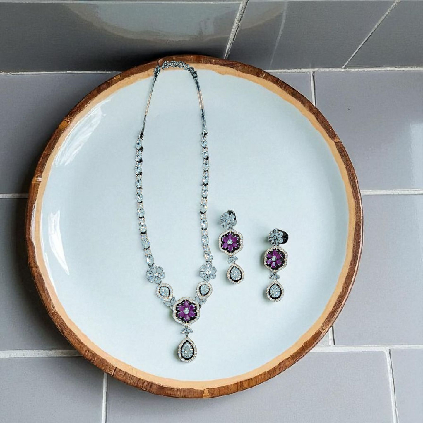 AD Purple ruby Stone antique victorian silver polish Necklace Set – Elegant Wedding & Party Jewellary