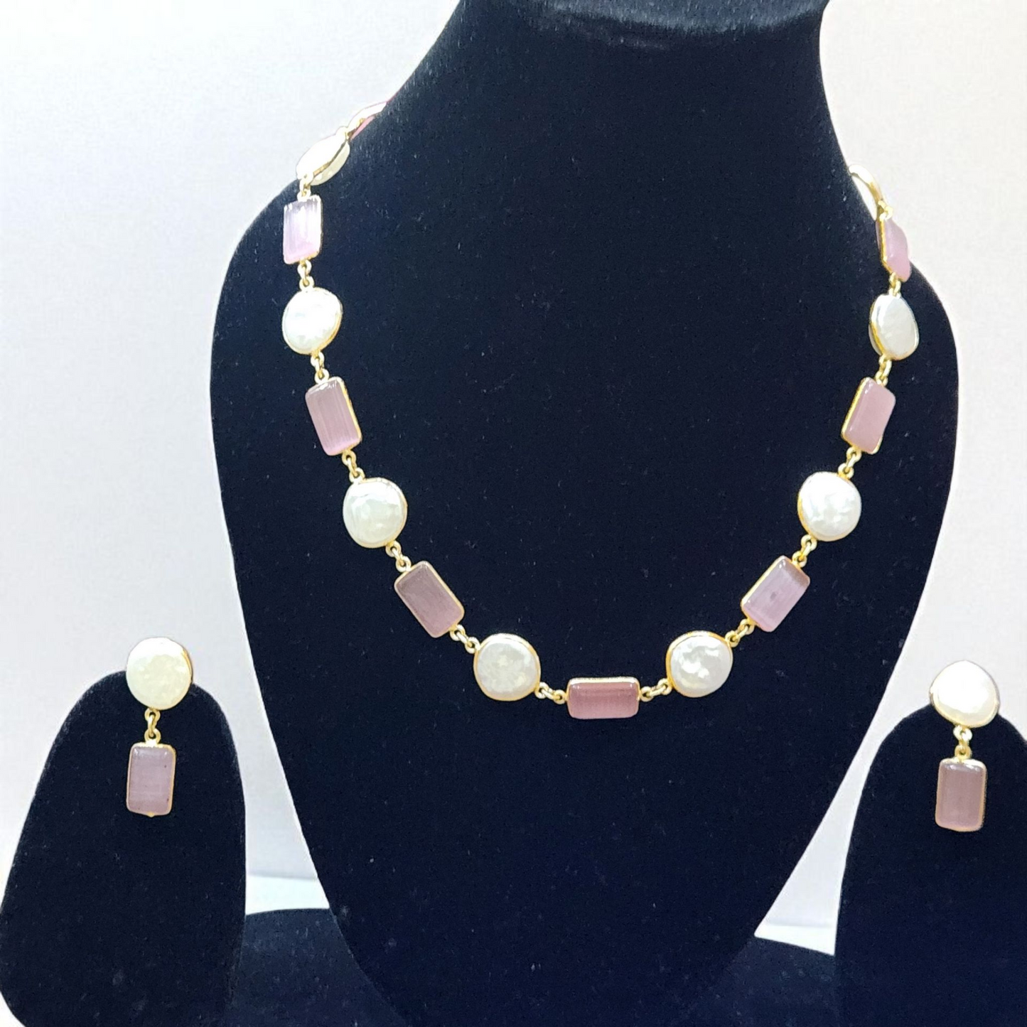 Natural baroque Pink Stone & Pearl Necklace Set – Elegant Gold Finish Jewellary