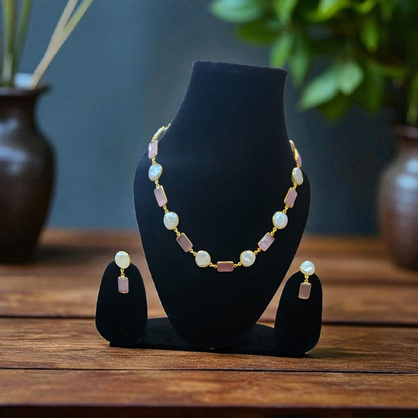 Natural baroque Pink Stone & Pearl Necklace Set – Elegant Gold Finish Jewellary