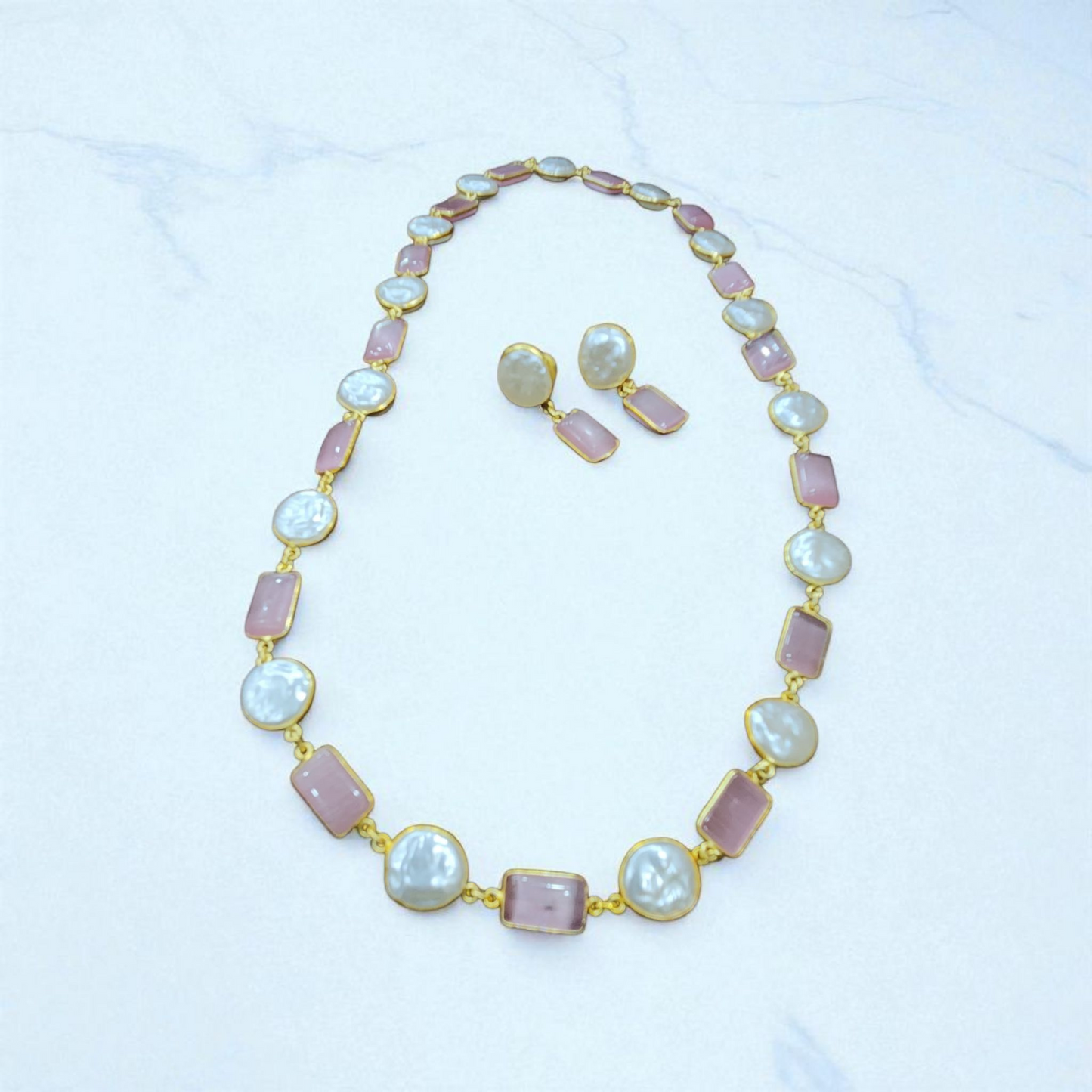 Natural baroque Pink Stone & Pearl Necklace Set – Elegant Gold Finish Jewellary