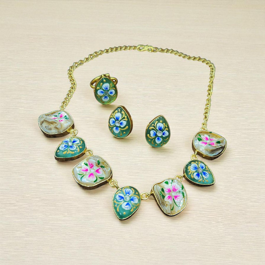 Tanjore Hand-Painted Floral Enamel raw green moon stone uncut Necklace Set – Artistic Jewellary with Earrings