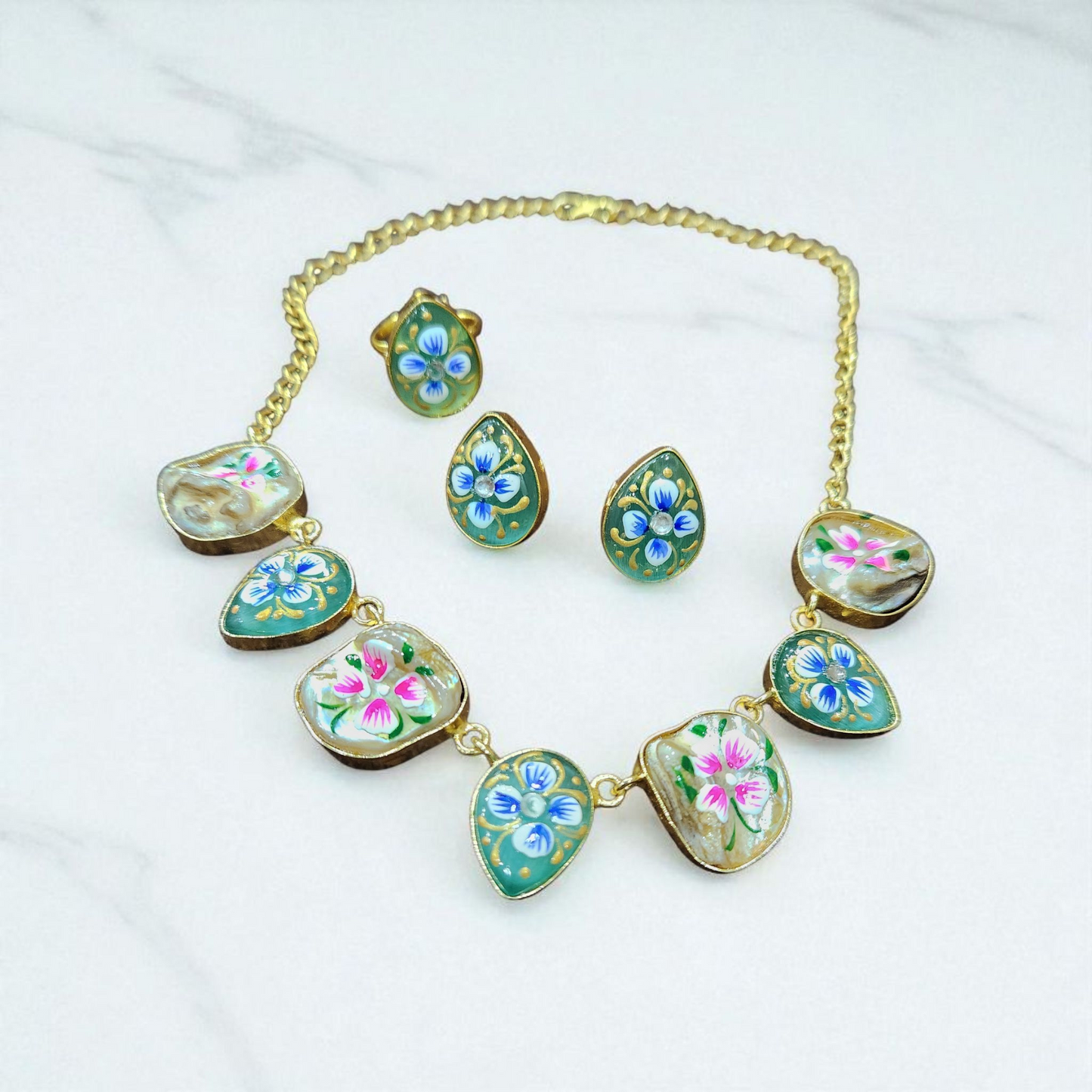 Tanjore Hand-Painted Floral Enamel raw green moon stone uncut Necklace Set – Artistic Jewellary with Earrings