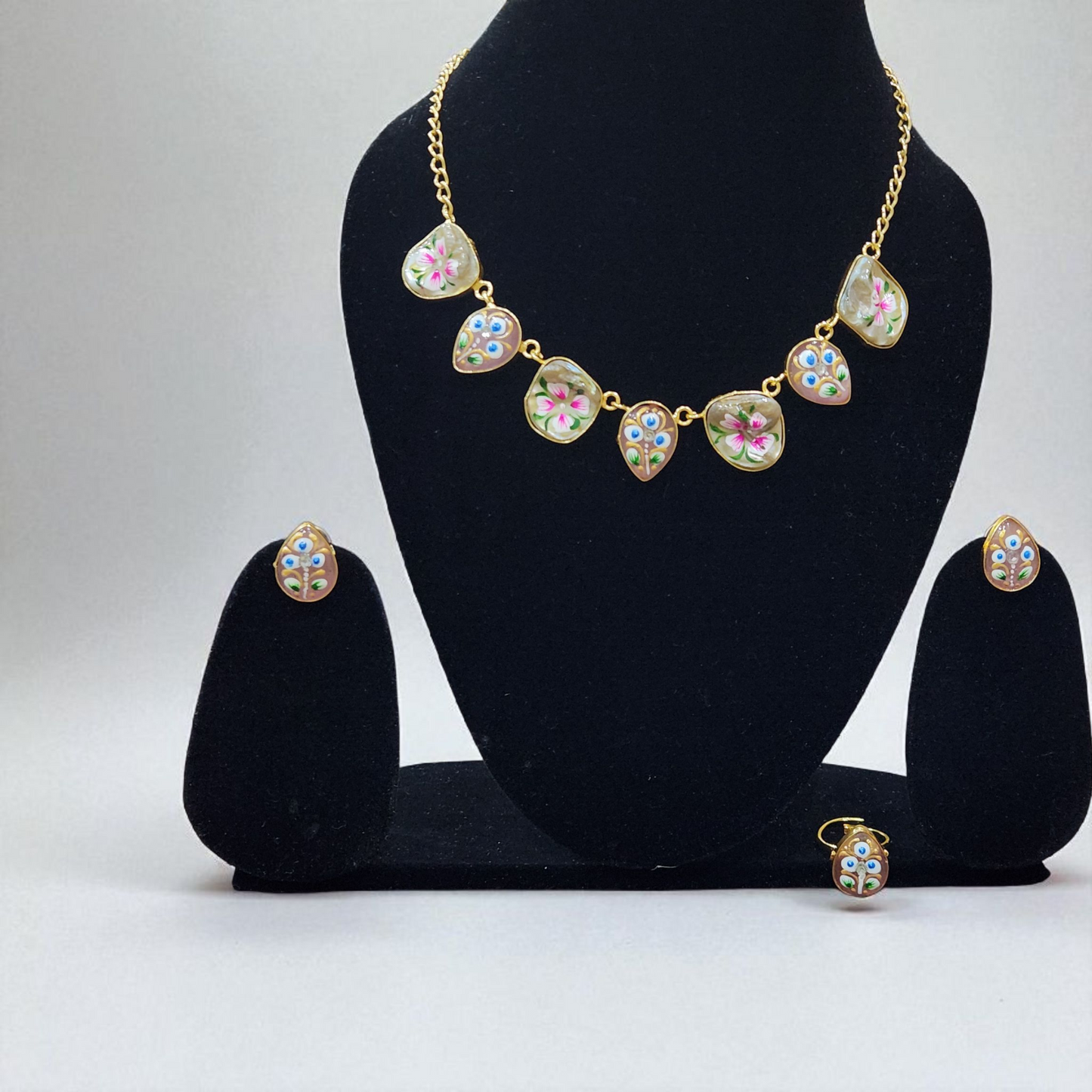 Tanjore hand-Painted Floral Enamel peach stone moonstone uncut raw Necklace Set – Artistic Jewellary with Earrings & Ring