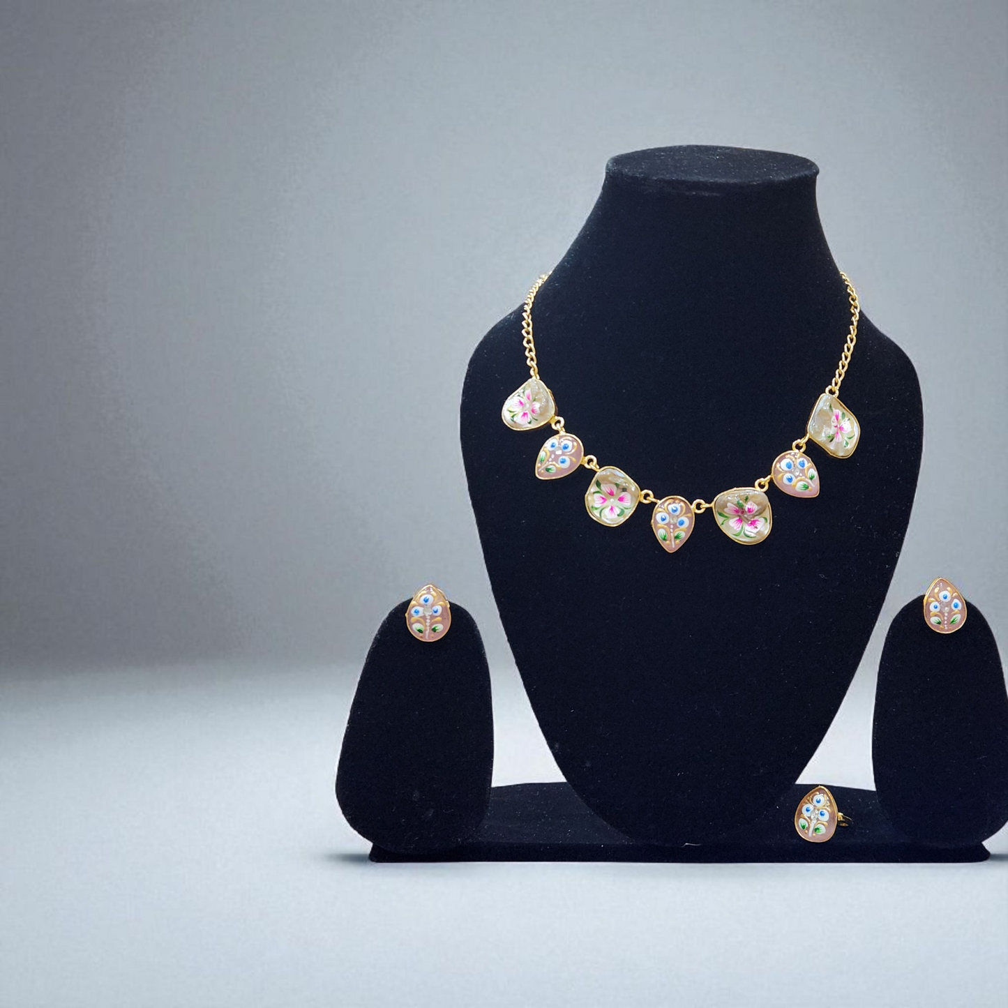 Tanjore hand-Painted Floral Enamel peach stone moonstone uncut raw Necklace Set – Artistic Jewellary with Earrings & Ring