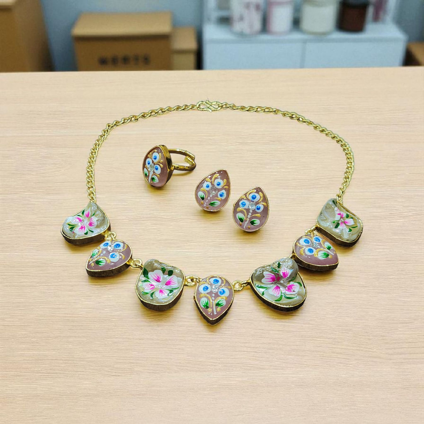 Tanjore hand-Painted Floral Enamel peach stone moonstone uncut raw Necklace Set – Artistic Jewellary with Earrings & Ring