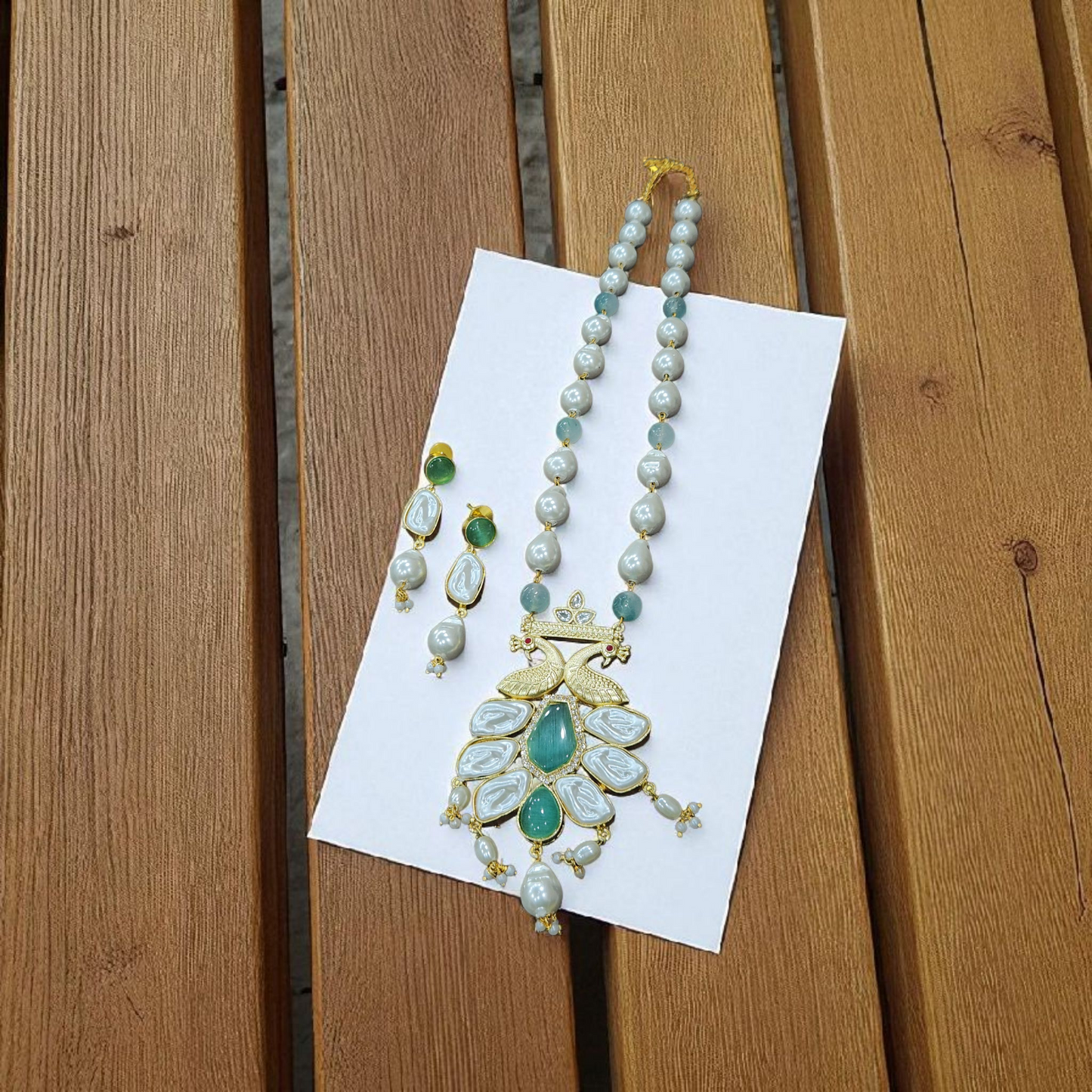 Raw Pearl & Green bead Stone Peacock Necklace Golden touch Set – Elegant Jewellary with Earrings