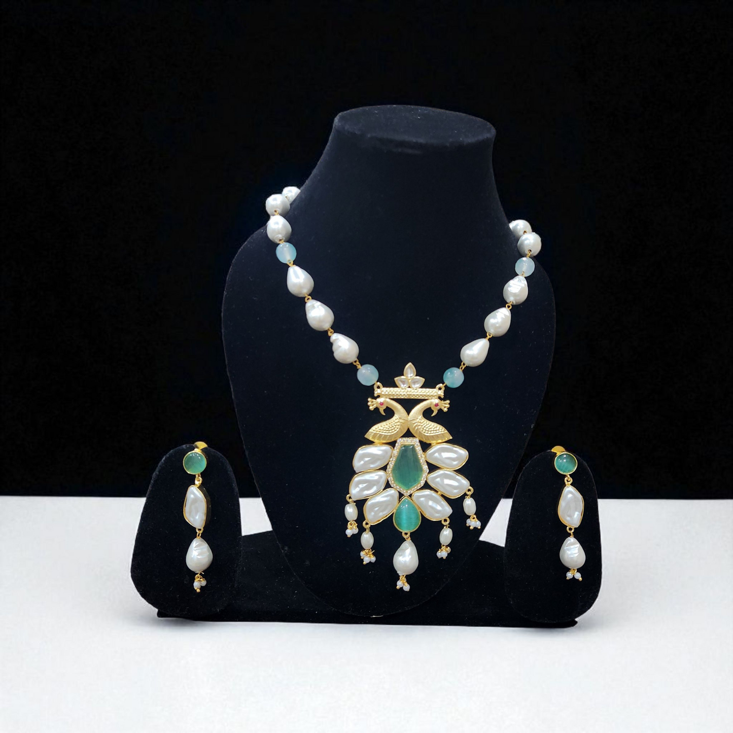 Raw Pearl & Green bead Stone Peacock Necklace Golden touch Set – Elegant Jewellary with Earrings