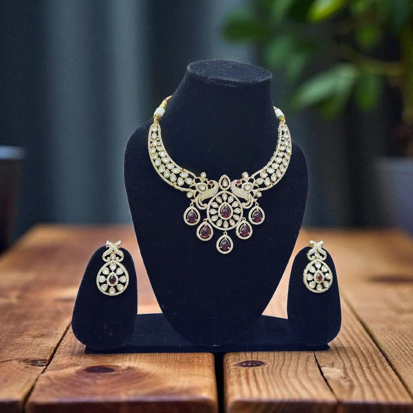 Ruby & Diamond Kundan Polki golden Peacock Necklace Set – Bridal & Festive Jewellary with Earrings