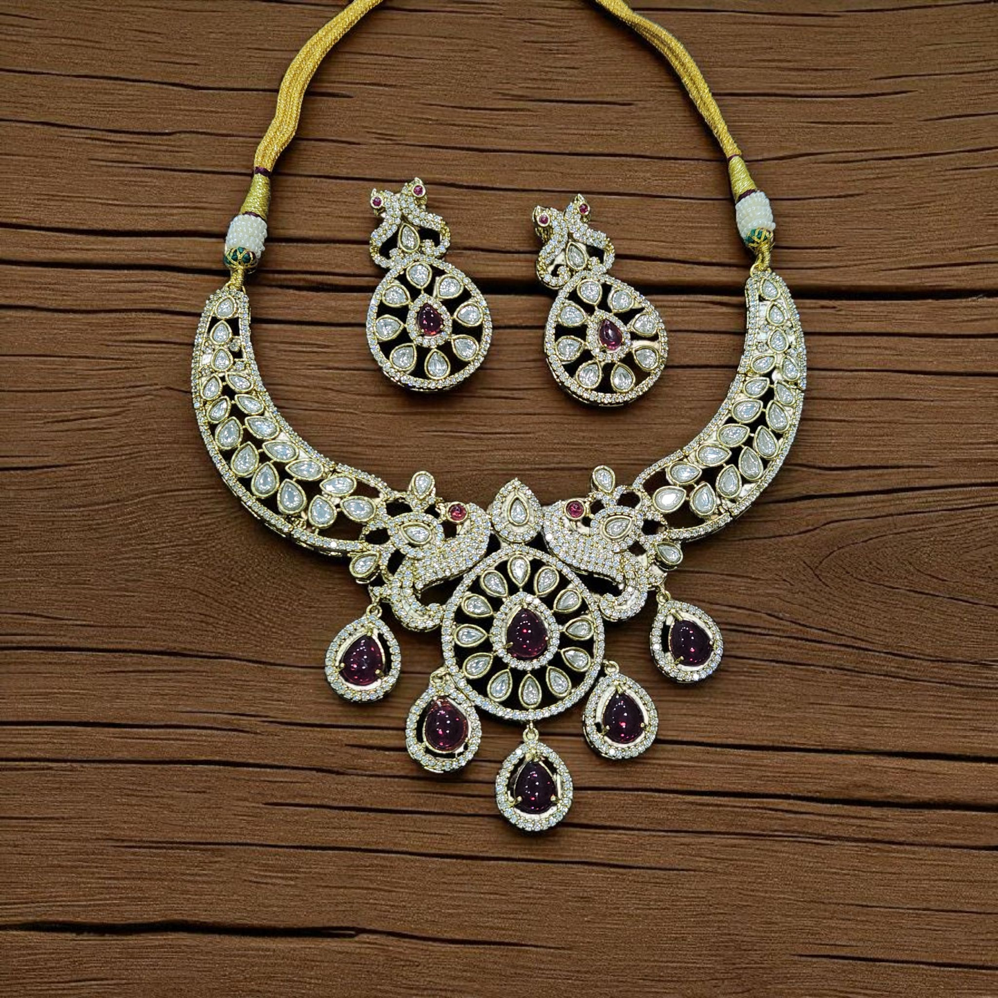 Ruby & Diamond Kundan Polki golden Peacock Necklace Set – Bridal & Festive Jewellary with Earrings
