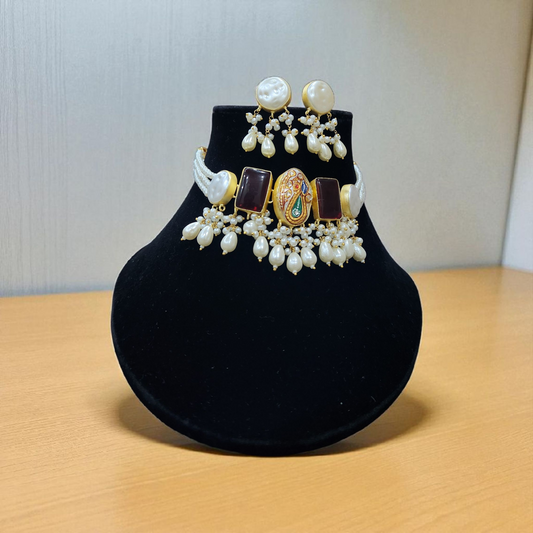 Pearl & Kundan tanjore stone maroon and white Enamel Choker Set – With Paisley Motif and Earrings