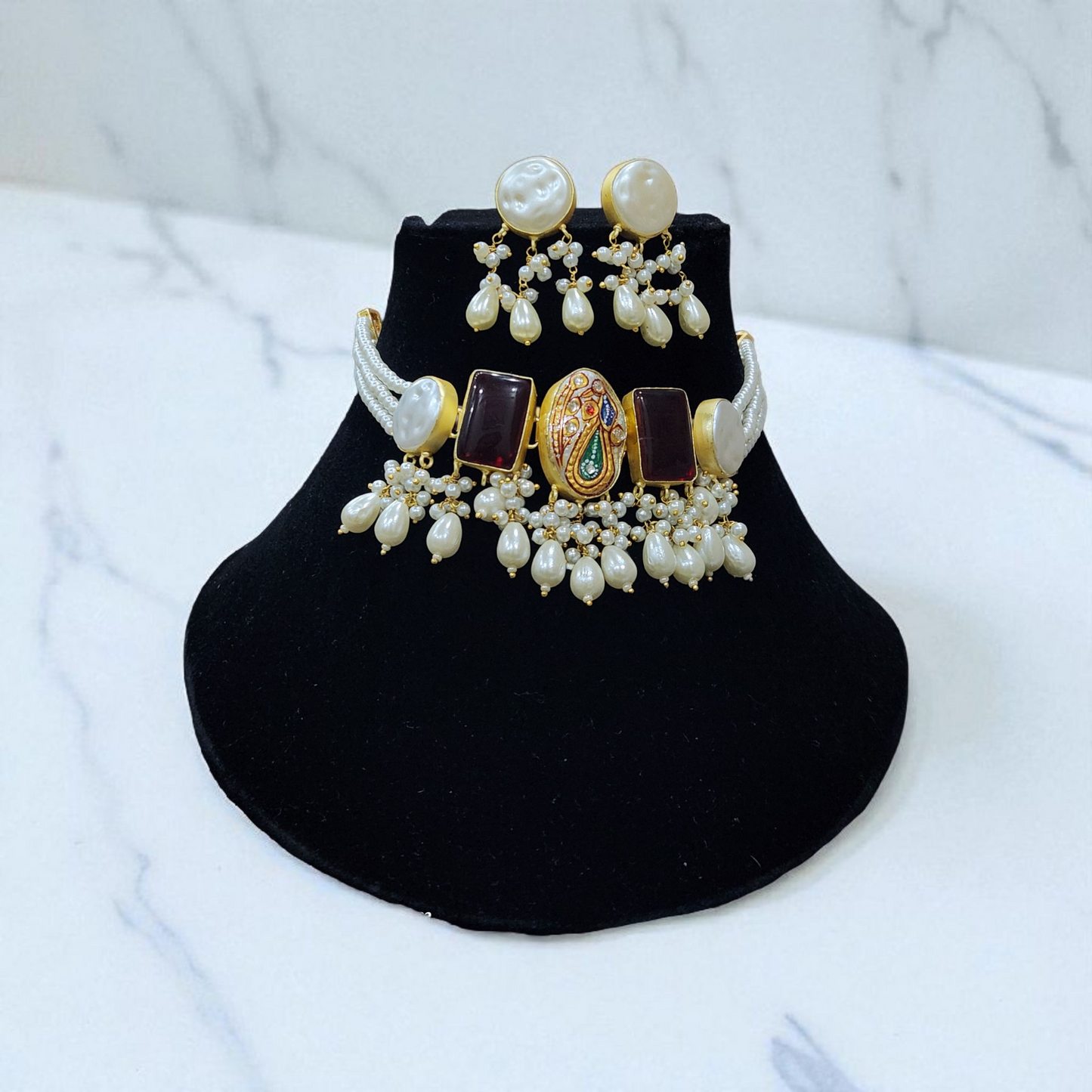Pearl & Kundan tanjore stone maroon and white Enamel Choker Set – With Paisley Motif and Earrings
