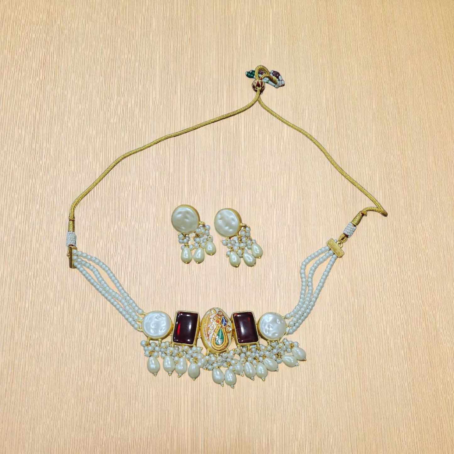 Pearl & Kundan tanjore stone maroon and white Enamel Choker Set – With Paisley Motif and Earrings