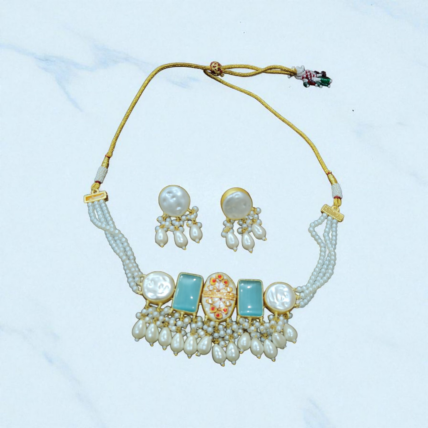 Pearl & Aqua Kundan stone tanjore Enamel Choker Set – With Floral Centerpiece and Earrings
