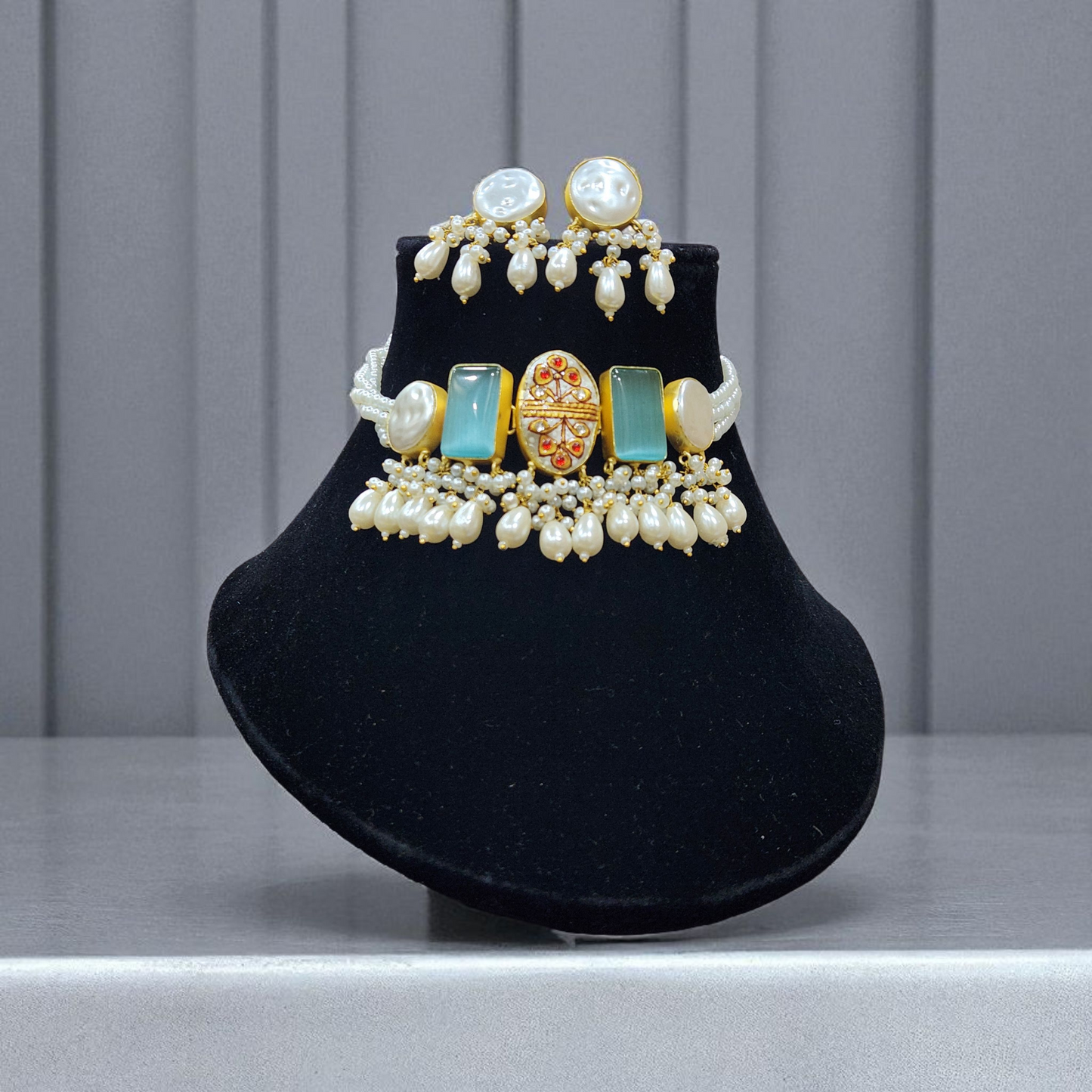 Pearl & Aqua Kundan stone tanjore Enamel Choker Set – With Floral Centerpiece and Earrings