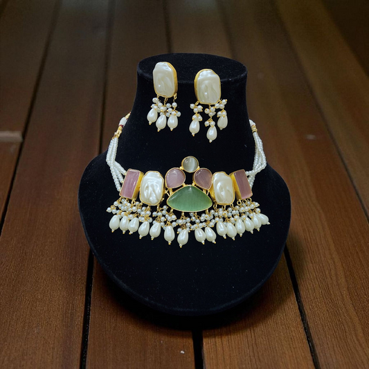 Pearl & Multistone aqua green pink white Choker Set – Green, Pink & Mother-of-Pearl with Earrings