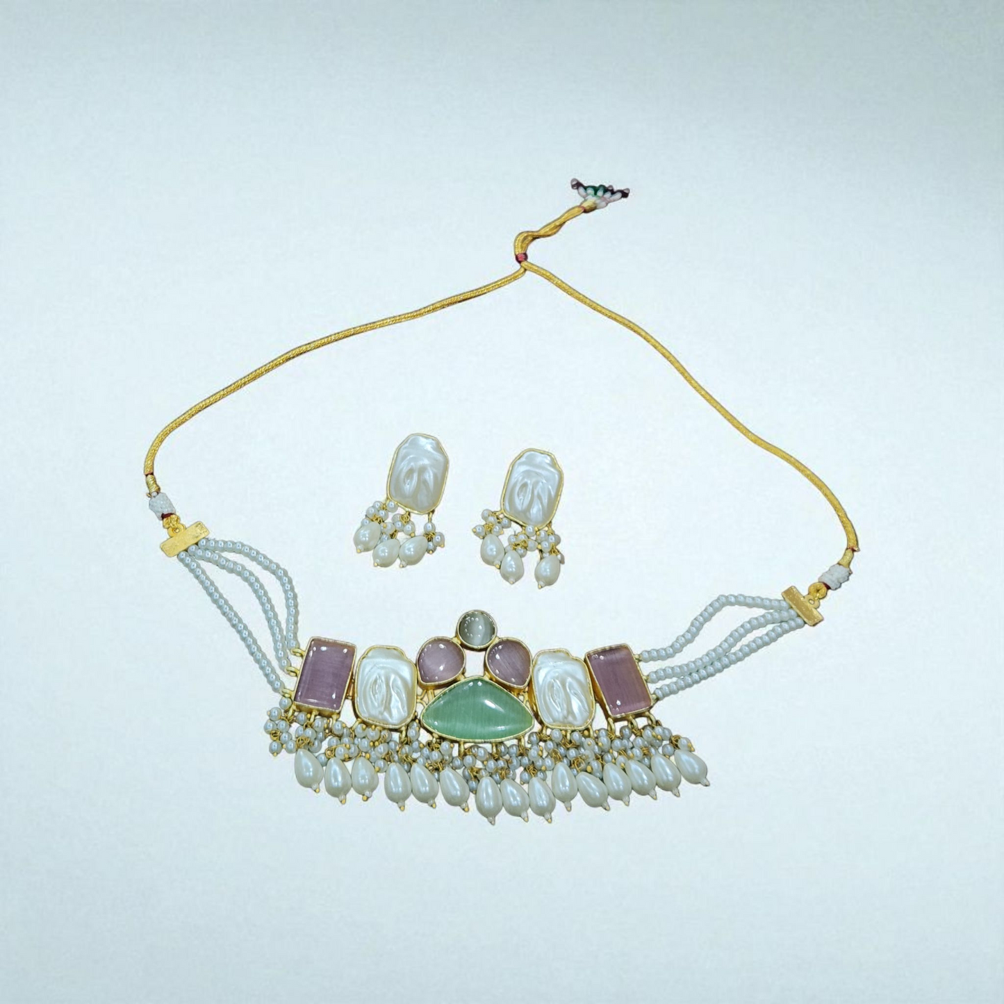 Pearl & Multistone aqua green pink white Choker Set – Green, Pink & Mother-of-Pearl with Earrings