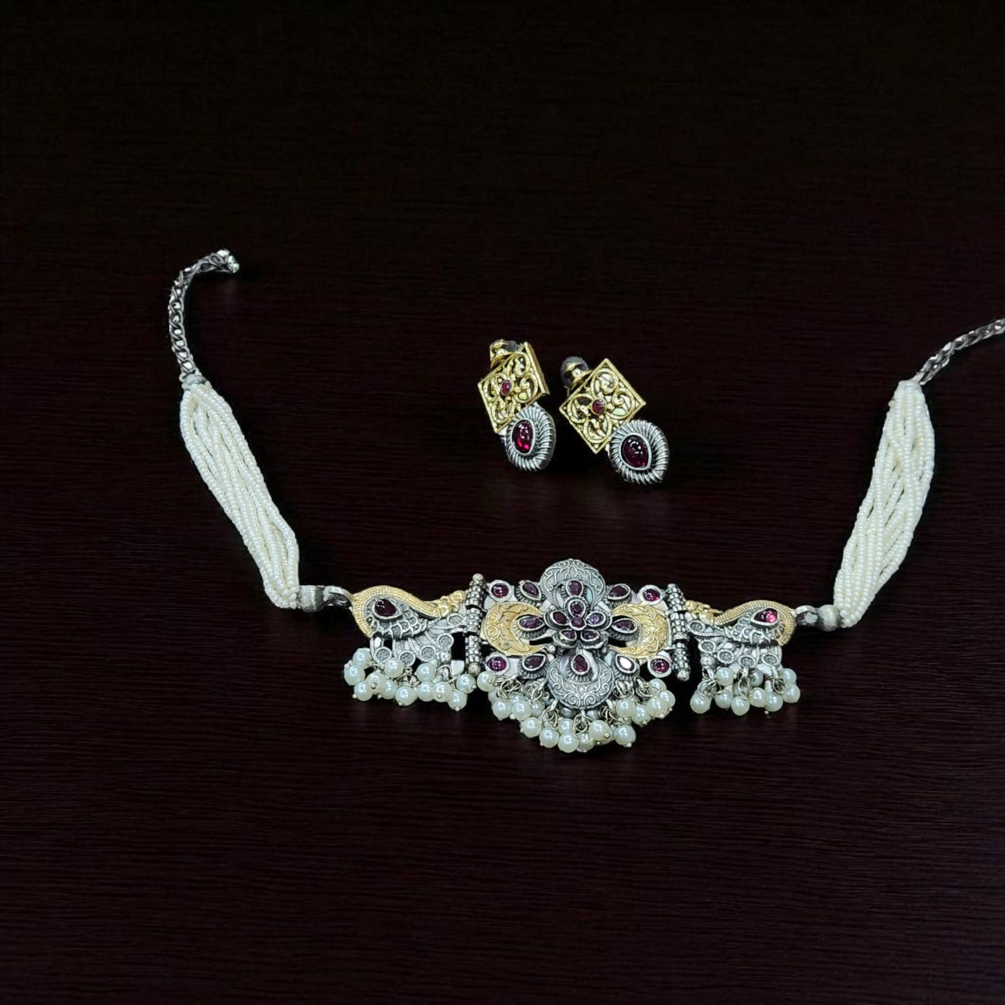 Pearl & Ruby Peacock brass silver dual tone oxidised Choker Set – Floral Design with Matching Earrings
