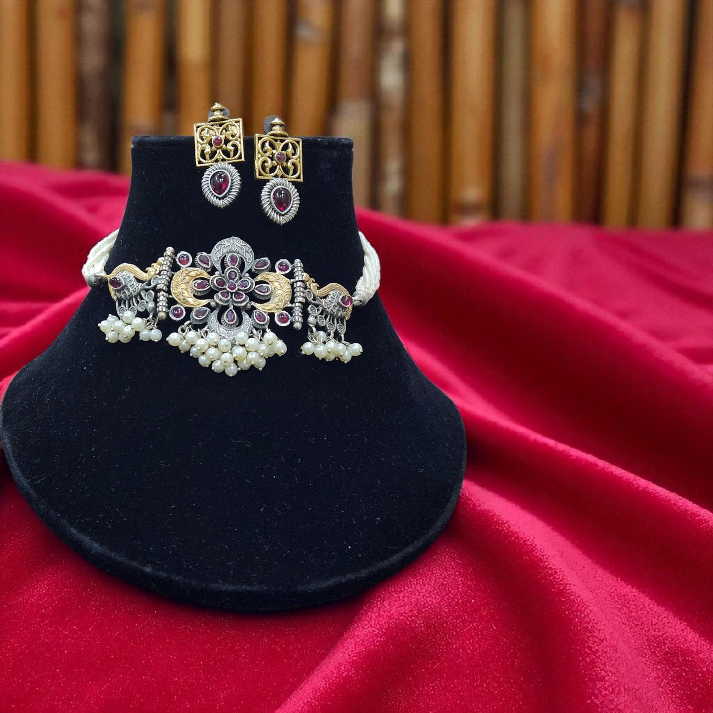 Pearl & Ruby Peacock brass silver dual tone oxidised Choker Set – Floral Design with Matching Earrings