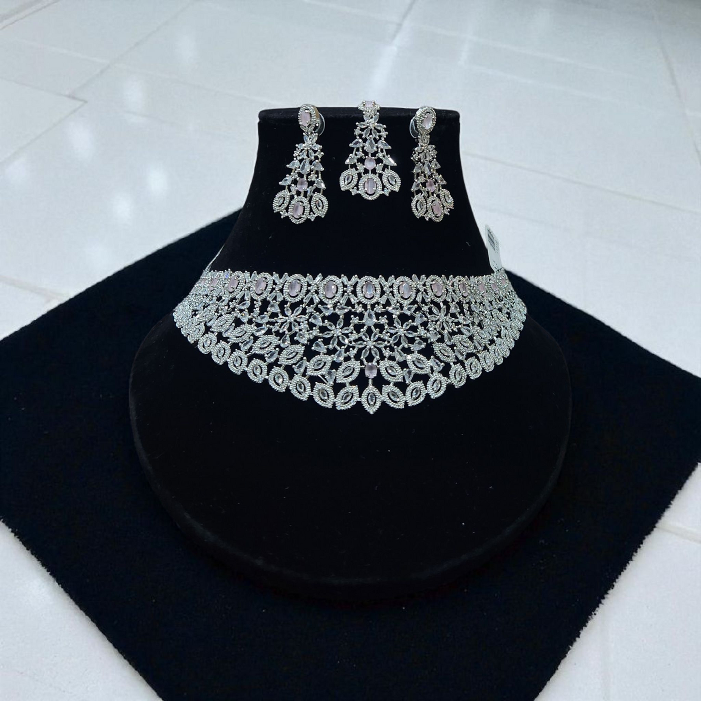 Diamond-Style Silver AD Choker Set – Elegant Bridal Necklace Maang tika with Earrings