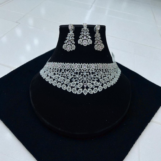 Diamond-Style Silver AD Choker Set – Elegant Bridal Necklace Maang tika with Earrings