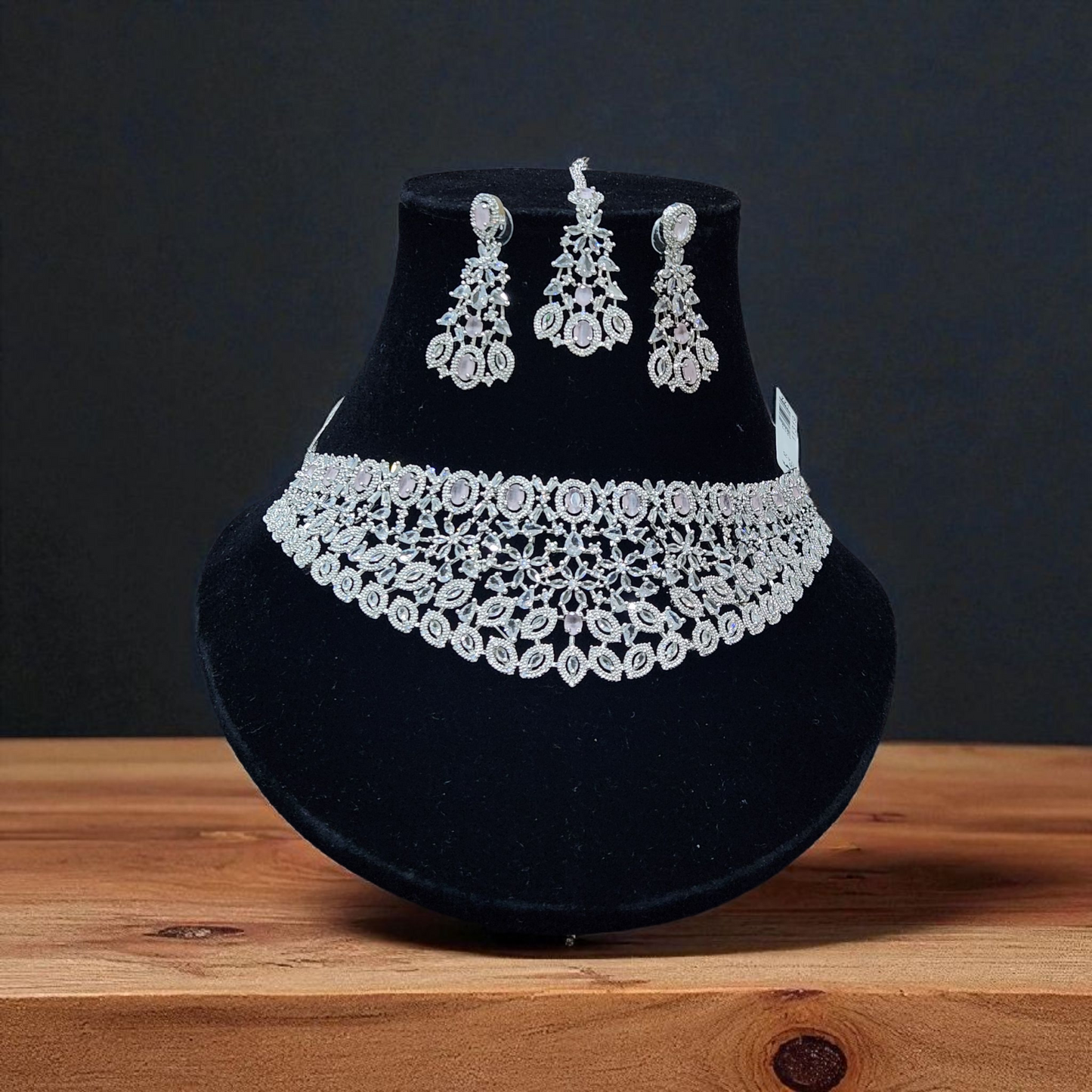 Diamond-Style Silver AD Choker Set – Elegant Bridal Necklace Maang tika with Earrings