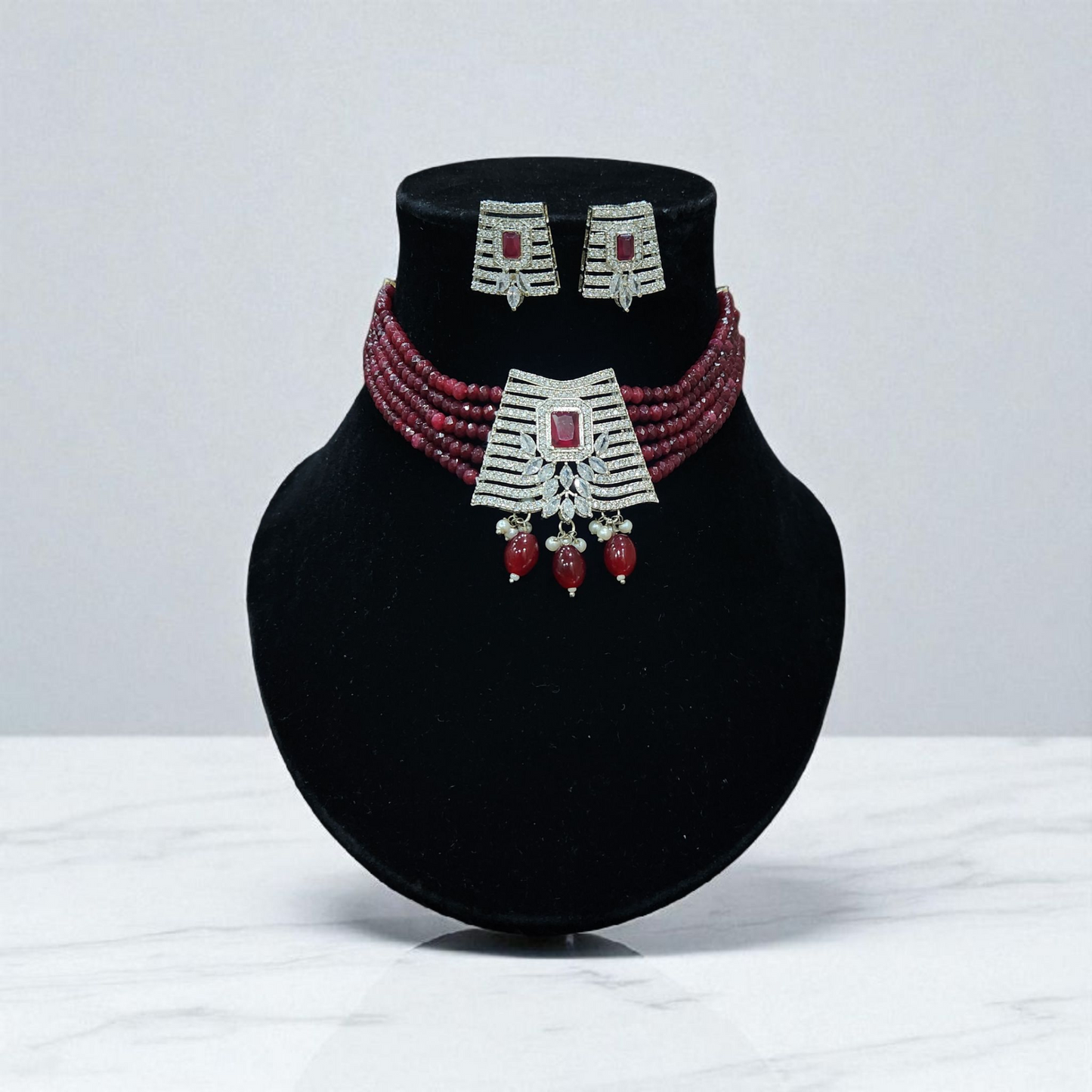 Ruby Beads Diamond-Style Choker Set – Silver AD Pendant with Earrings