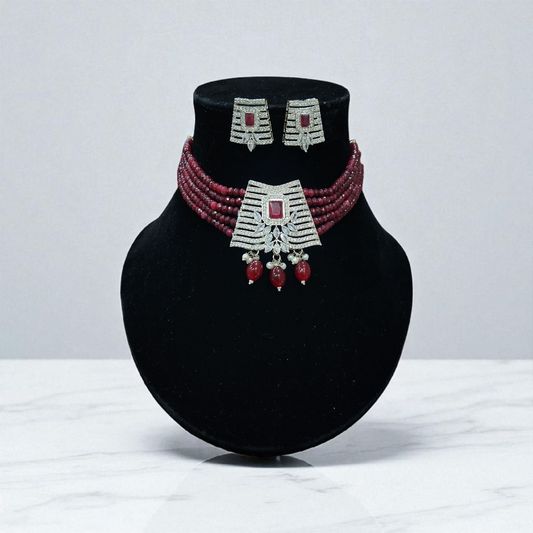 Ruby Beads Diamond-Style Choker Set – Silver AD Pendant with Earrings