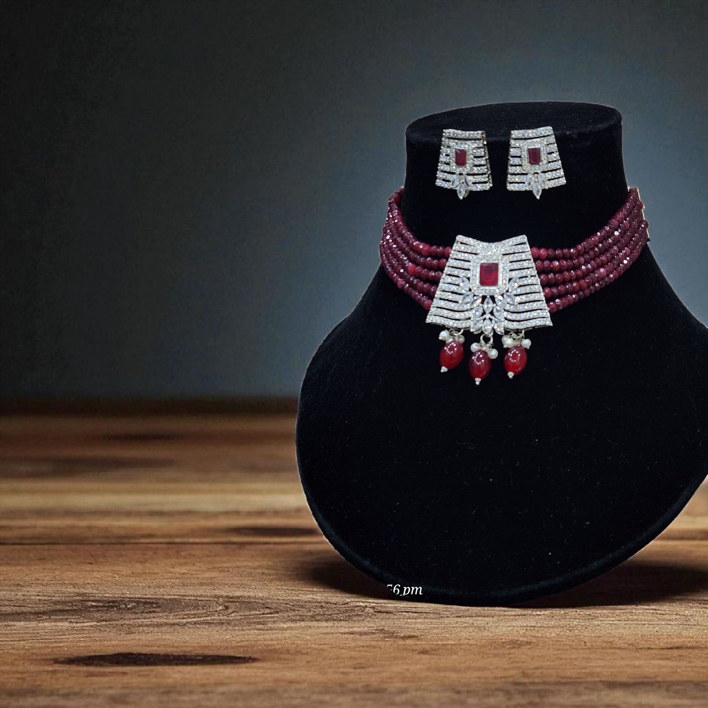 Ruby Beads Diamond-Style Choker Set – Silver AD Pendant with Earrings