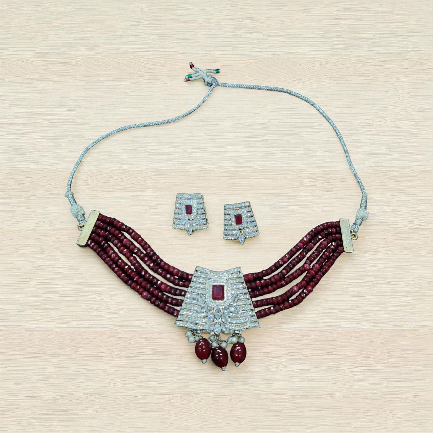 Ruby Beads Diamond-Style Choker Set – Silver AD Pendant with Earrings
